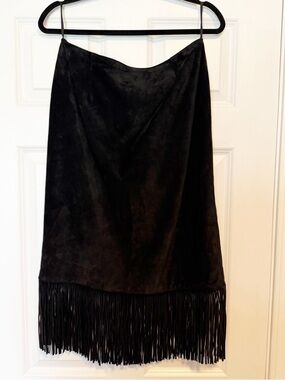 Cuir Zebra leather fringe midi skirt.